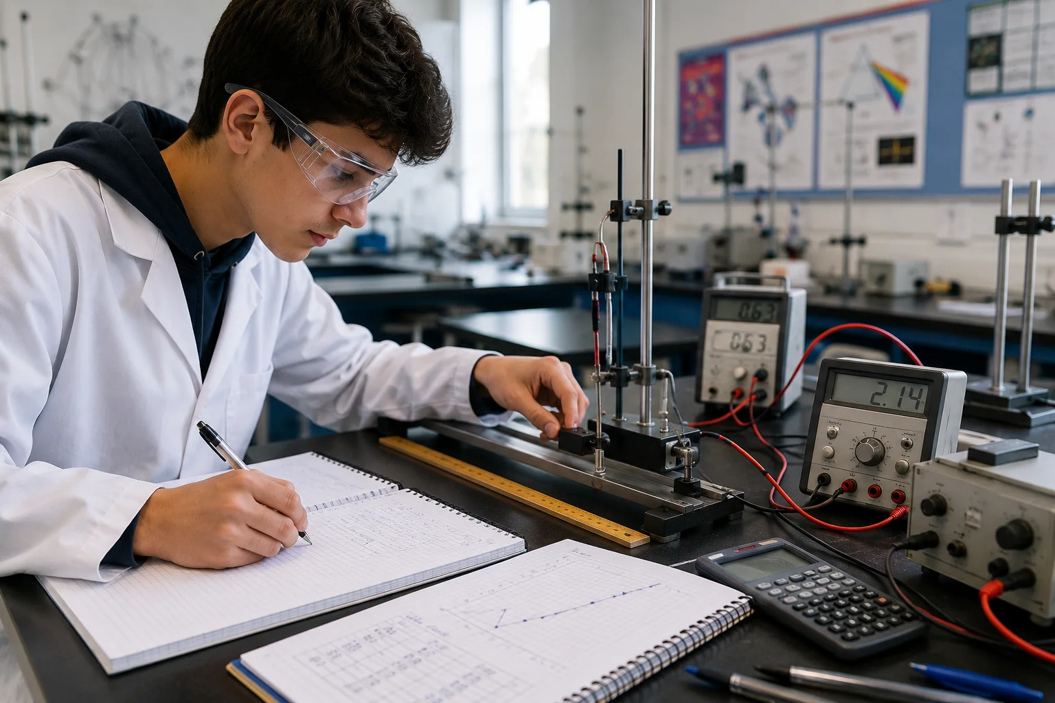 A level physics practical paper 3 tips illustrated by a student conducting a physics experiment, recording measurements, plotting graphs, and analyzing data in a modern laboratory.
