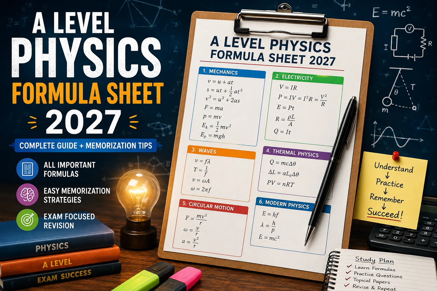 A Level Physics Formula Sheet 2027 with essential formulas, revision notes, topical papers, and recorded lessons for effective A Level Physics exam preparation and memorization.