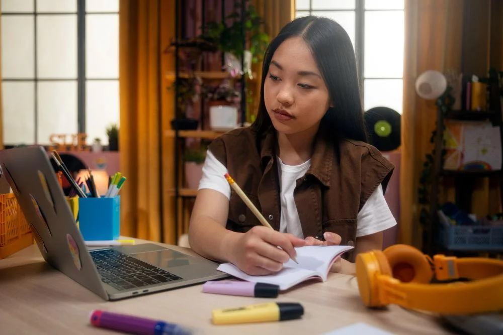 High school students revising past papers for A level physics paper 2 on study desk