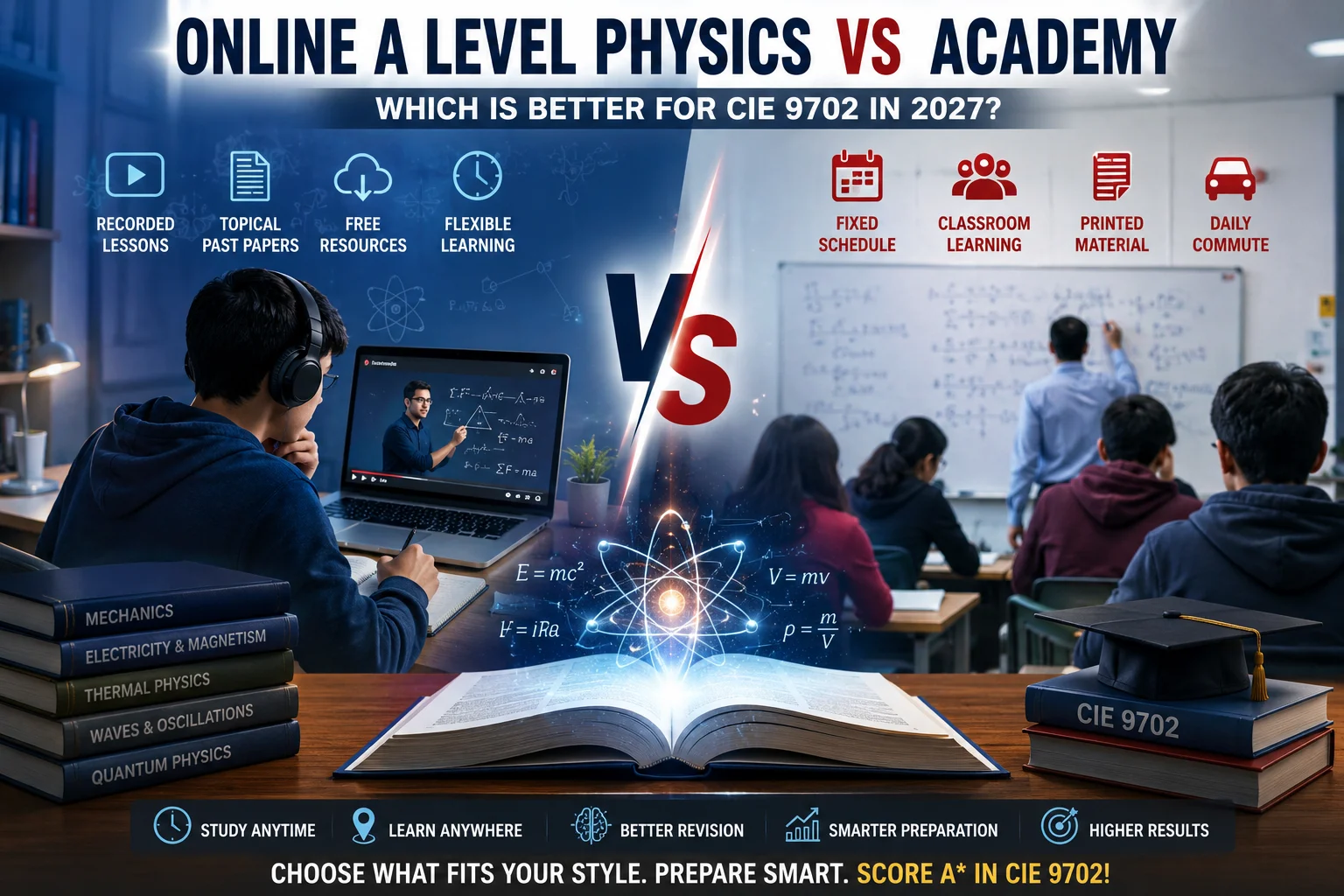 Best Online A level Physics Classes vs traditional academy for CIE 9702 students comparing flexible online learning, recorded lessons, topical past papers, and classroom education in 2027.