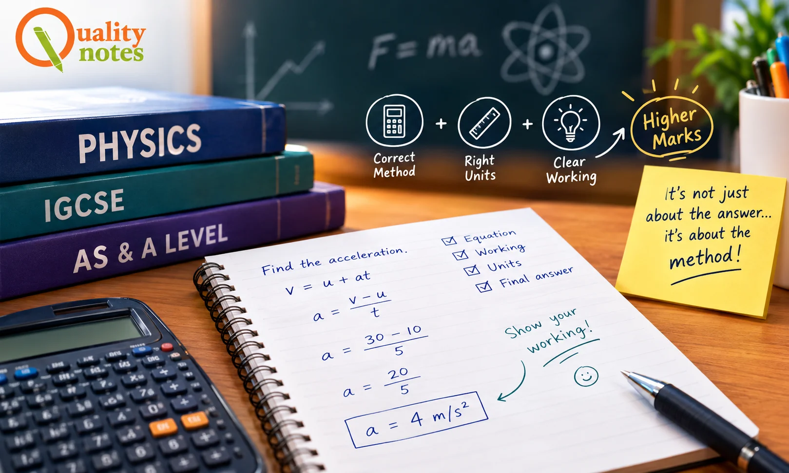 Physics marks lost despite correct answer – student checking calculations, units, working, and exam technique with Quality Notes.