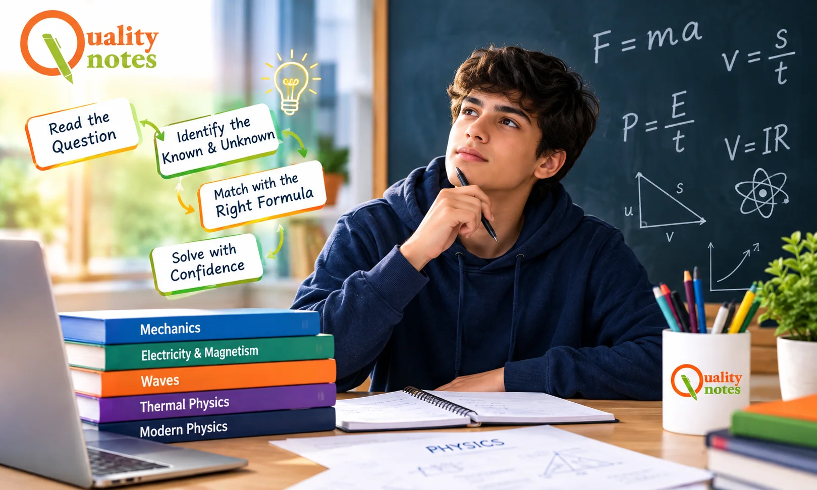 Quality Notes physics student learning how to choose physics formula from question clues and matching formulas to physics concepts.