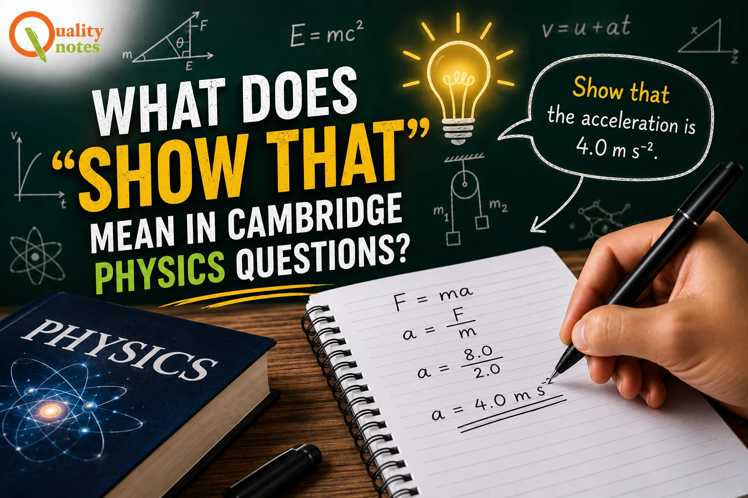 Quality Notes graphic explaining show that physics questions in Cambridge Physics, with worked equations, exam-style calculation example.