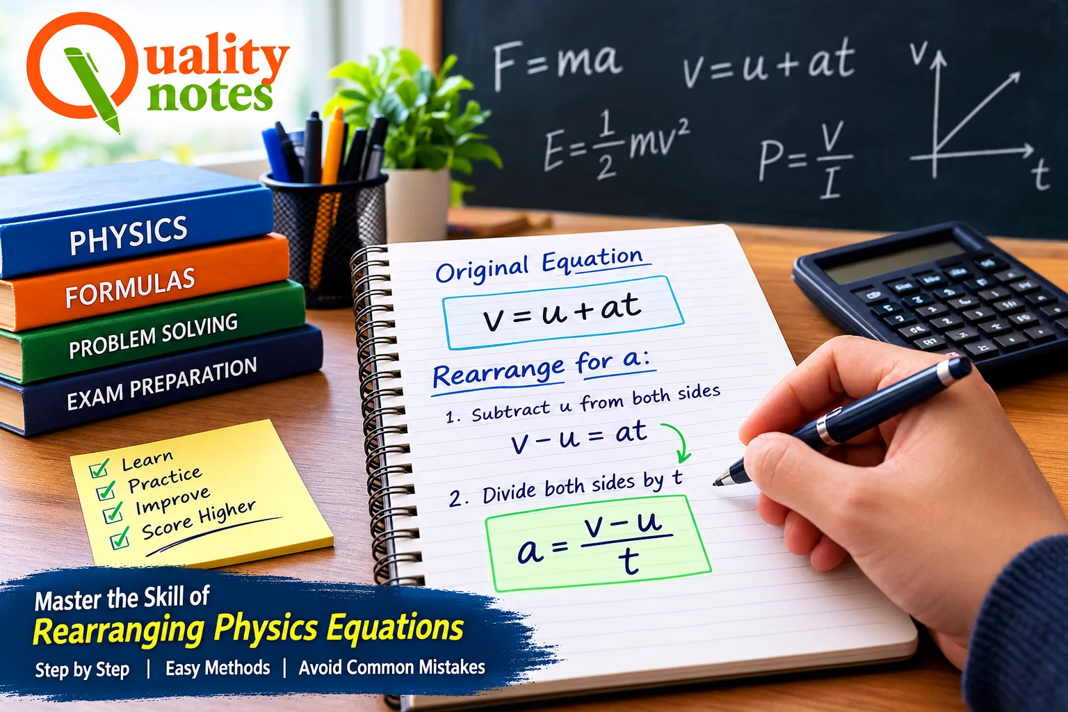 Student learning rearranging physics equations using step-by-step formulas and calculations on a study desk with Quality Notes branding.